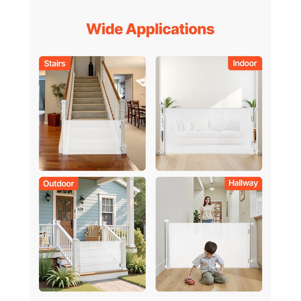 VEVOR Retractable Baby Gate, Extends to 72.8 inch Wide, 31.3 inch Tall, with Security Lock, Easy to Use, Walk Through Without Tripping, Mesh Dog Gate for Stairs, Hallways, Indoor/Outdoor, White