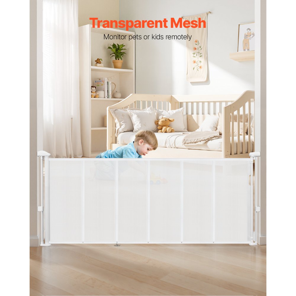 VEVOR Retractable Baby Gate, 34 inch Tall, Extends up to 71 inch Wide, Retractable Gate for Kids or Pets, Mesh Material, Easy to Install for Indoor Stairs, Doorways, Hallways, Playrooms, White