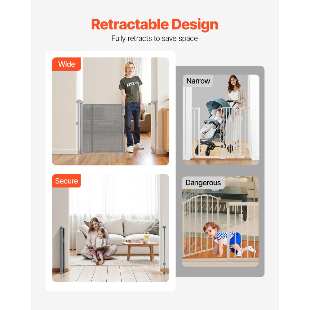 VEVOR Retractable Baby Gate, 34 inch Tall, Extends up to 110 inch Wide, Retractable Gate for Kids or Pets, Mesh Material, Easy to Install for Indoor Stairs, Doorways, Hallways, Playrooms, Gray