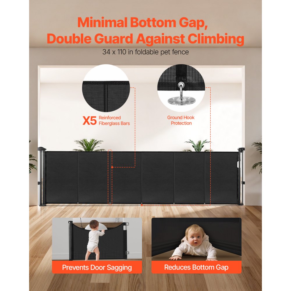 VEVOR Retractable Baby Gate, 34 inch Tall, Extends up to 110 inch Wide, Retractable Gate for Kids or Pets, Mesh Material, Easy to Install for Indoor Stairs, Doorways, Hallways, Playrooms, Black