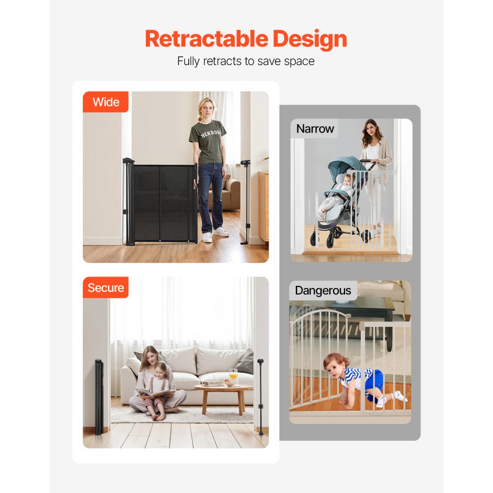VEVOR Retractable Baby Gate, 34 inch Tall, Extends up to 110 inch Wide, Retractable Gate for Kids or Pets, Mesh Material, Easy to Install for Indoor Stairs, Doorways, Hallways, Playrooms, Black