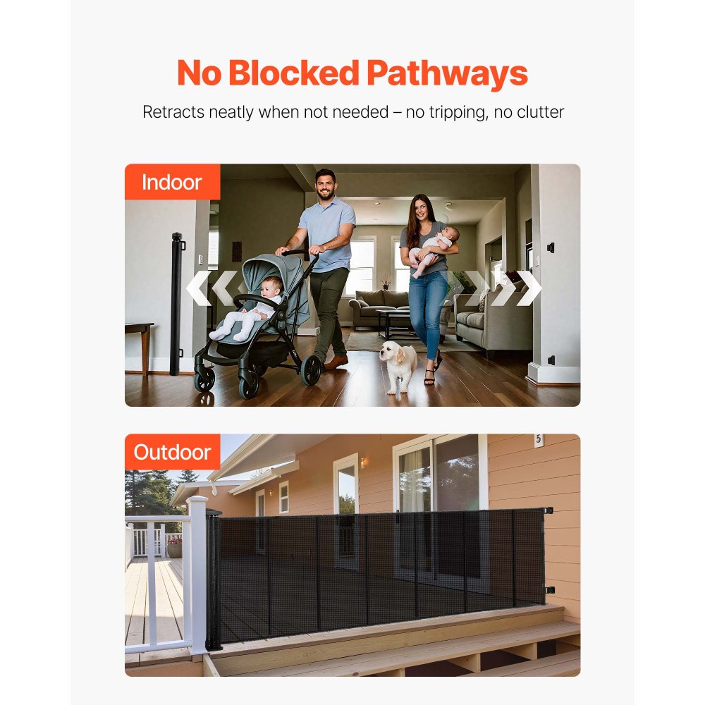 VEVOR Retractable Baby Gate, Extends to 120 inch Extra Wide, 38.5 inch Tall, with Reinforced Fiberglass Strips, Avoids Crawling Through, Mesh Dog Gate for Decks, Doorways, Garages, Indoor, Black