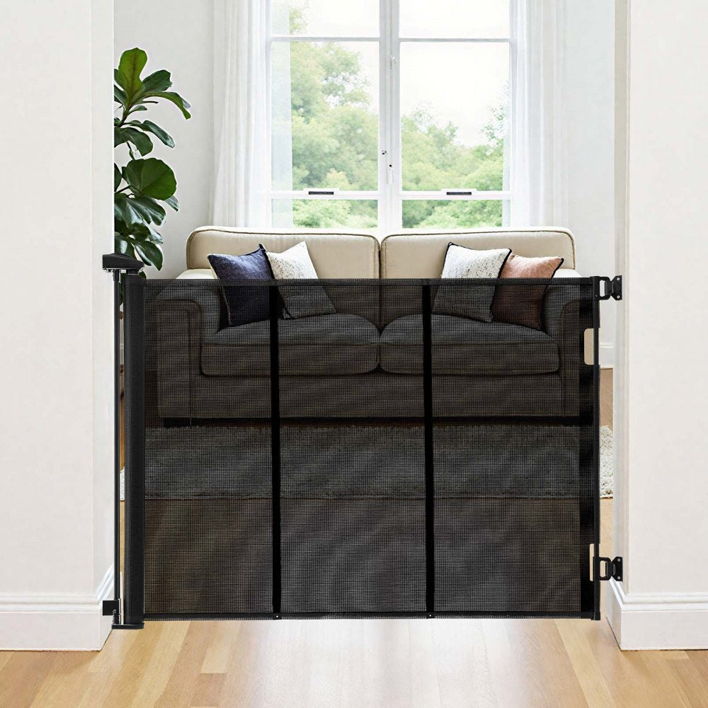 VEVOR Retractable Baby Gate, Extends to 120 inch Extra Wide, 38.5 inch Tall, with Reinforced Fiberglass Strips, Avoids Crawling Through, Mesh Dog Gate for Decks, Doorways, Garages, Indoor, Black