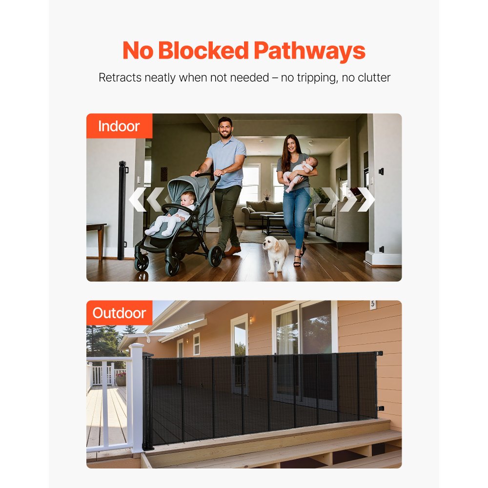 VEVOR Retractable Baby Gate, Extends to 163.3 inch Extra Wide, 39 inch Tall, with Reinforced Fiberglass Strips, Avoids Crawling Through, Mesh Dog Gate for Decks, Doorways, Garages, Indoor, Black