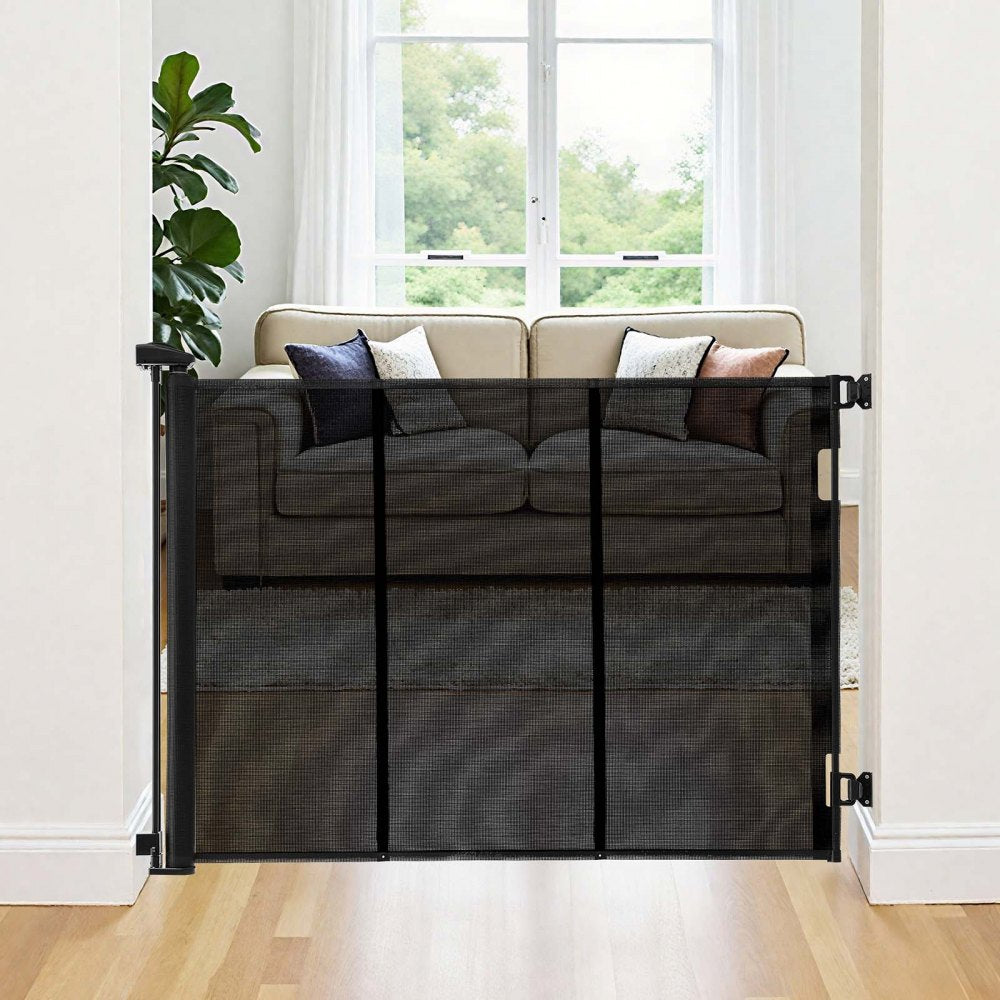 VEVOR Retractable Baby Gate, Extends to 163.3 inch Extra Wide, 39 inch Tall, with Reinforced Fiberglass Strips, Avoids Crawling Through, Mesh Dog Gate for Decks, Doorways, Garages, Indoor, Black