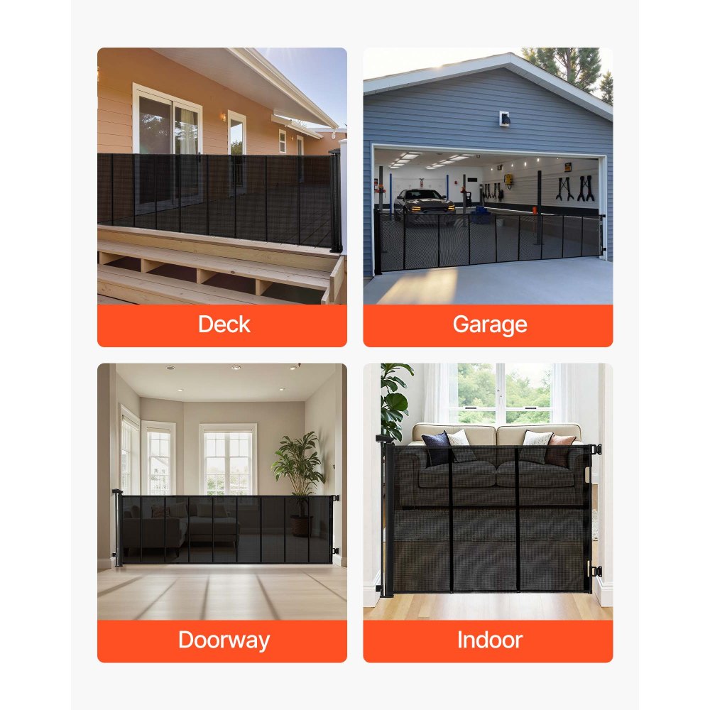VEVOR Retractable Baby Gate, Extends to 202.7 inch Extra Wide, 39 inch Tall, with Reinforced Fiberglass Strips, Avoids Crawling Through, Mesh Dog Gate for Decks, Doorways, Garages, Indoor, Black