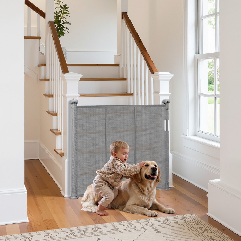 VEVOR Retractable Baby Gate, 34 inch Tall, Extends up to 55 inch Wide, Retractable Gate for Kids or Pets, Mesh Material, Easy to Install for Indoor Stairs, Doorways, Hallways, Playrooms, Gray
