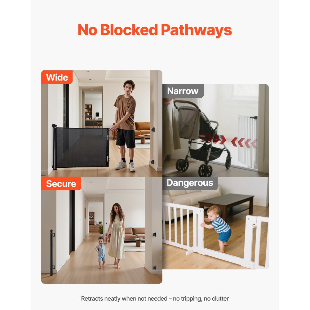 VEVOR Retractable Baby Gate, Extends to 56.3 inch Wide, 31.3 inch Tall, with Security Lock, Easy to Use, Walk Through Without Tripping, Mesh Dog Gate for Stairs, Hallways, Indoor/Outdoor, Black