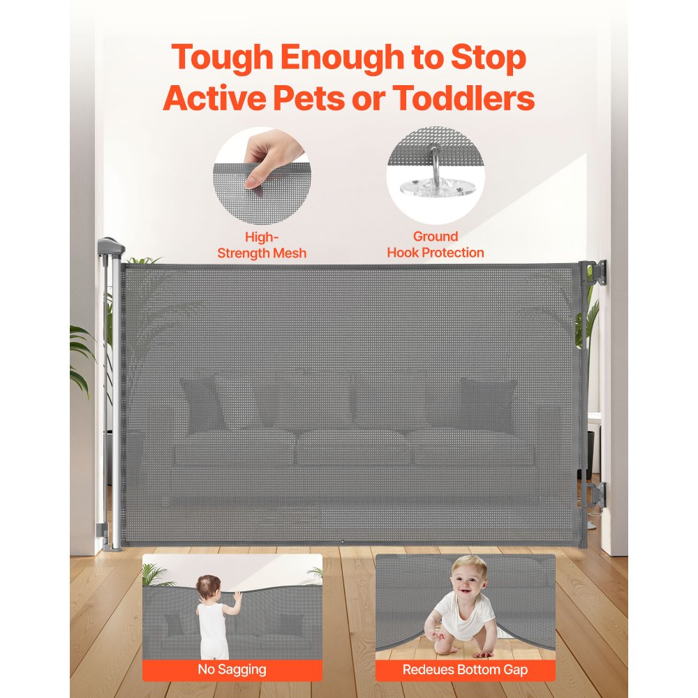 VEVOR Retractable Baby Gate, Extends to 57 inch Wide, 38.5 inch Tall, with Security Lock, Easy to Use, Walk Through Without Tripping, Mesh Dog Gate for Stairs, Hallways, Indoor/Outdoor, Gray
