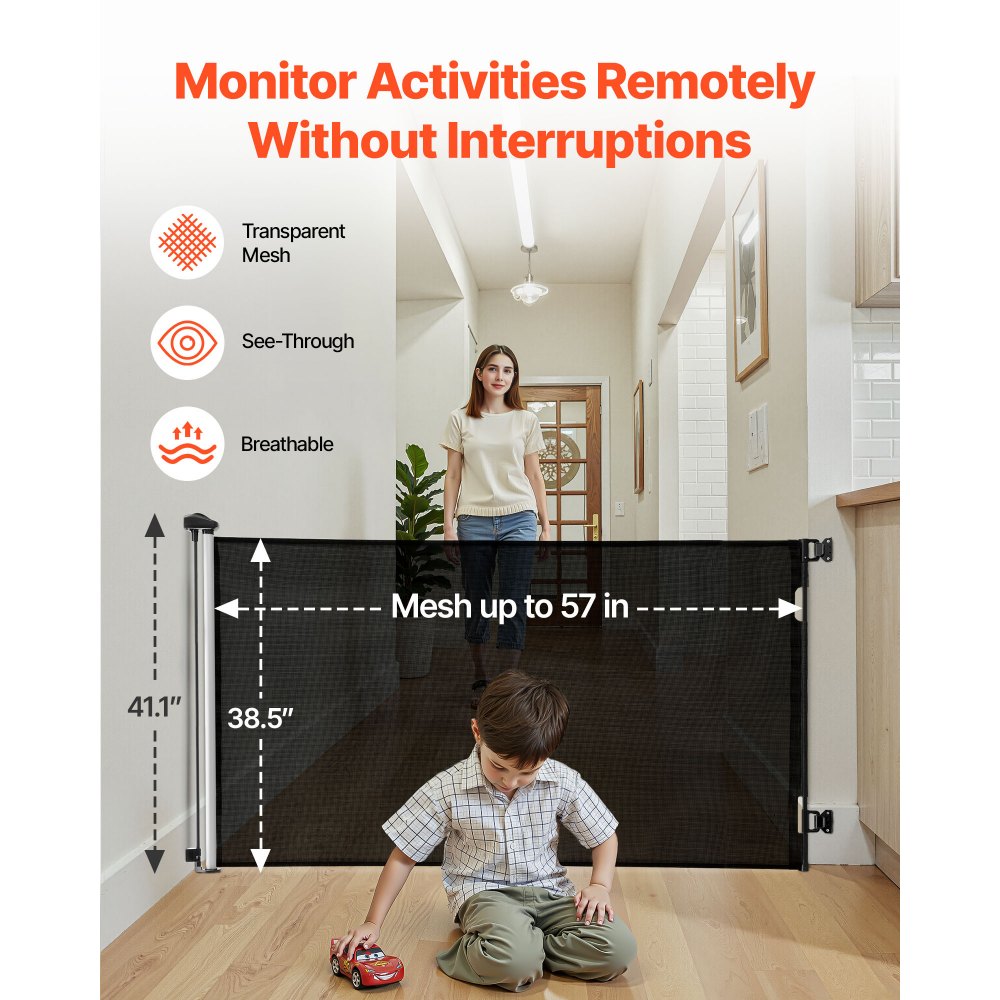 VEVOR Retractable Baby Gate, Extends to 57 inch Wide, 38.5 inch Tall, with Security Lock, Easy to Use, Walk Through Without Tripping, Mesh Dog Gate for Stairs, Hallways, Indoor/Outdoor, Black
