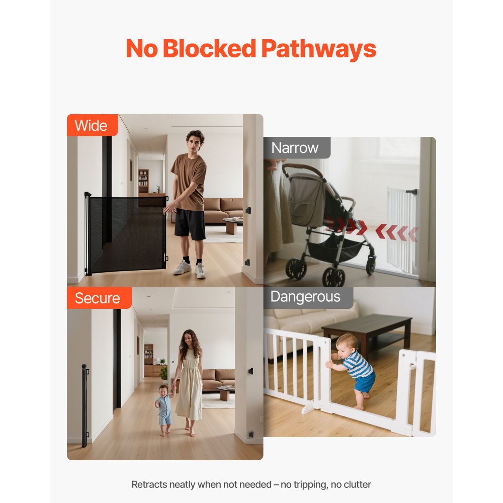 VEVOR Retractable Baby Gate, Extends to 57 inch Wide, 38.5 inch Tall, with Security Lock, Easy to Use, Walk Through Without Tripping, Mesh Dog Gate for Stairs, Hallways, Indoor/Outdoor, Black