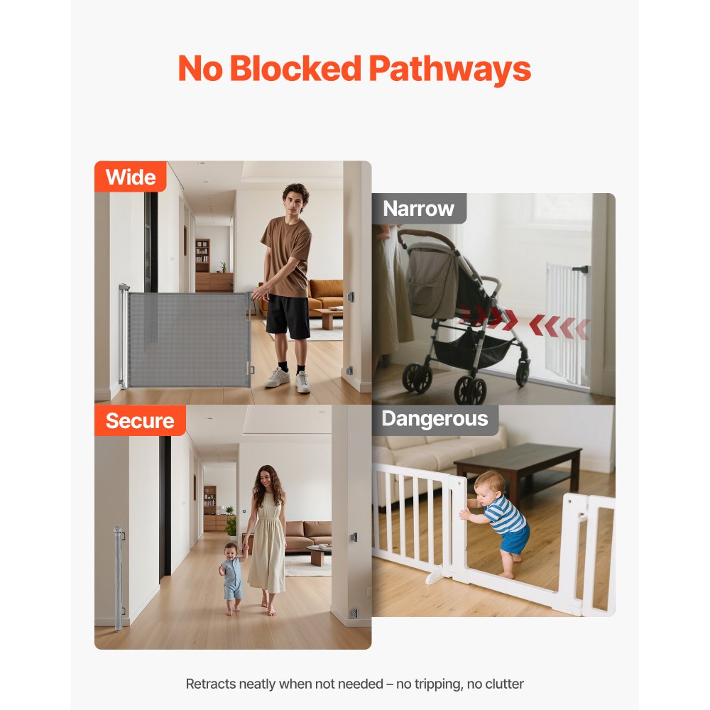 VEVOR Retractable Baby Gate, Extends to 56.3 inch Wide, 31.3 inch Tall, with Security Lock, Easy to Use, Walk Through Without Tripping, Mesh Dog Gate for Stairs, Hallways, Indoor/Outdoor, Gray