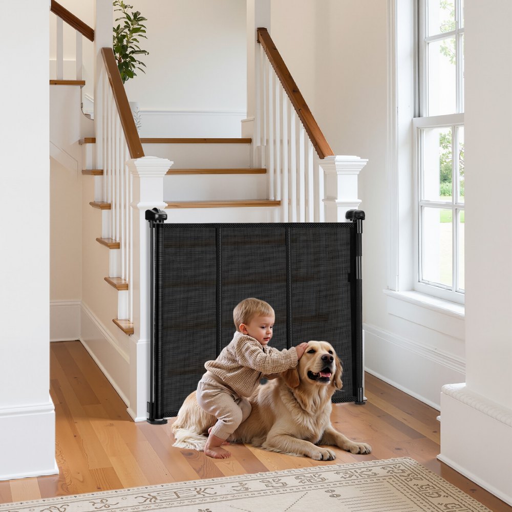 VEVOR Retractable Baby Gate, 34 inch Tall, Extends up to 71 inch Wide, Retractable Gate for Kids or Pets, Mesh Material, Easy to Install for Indoor Stairs, Doorways, Hallways, Playrooms, Black