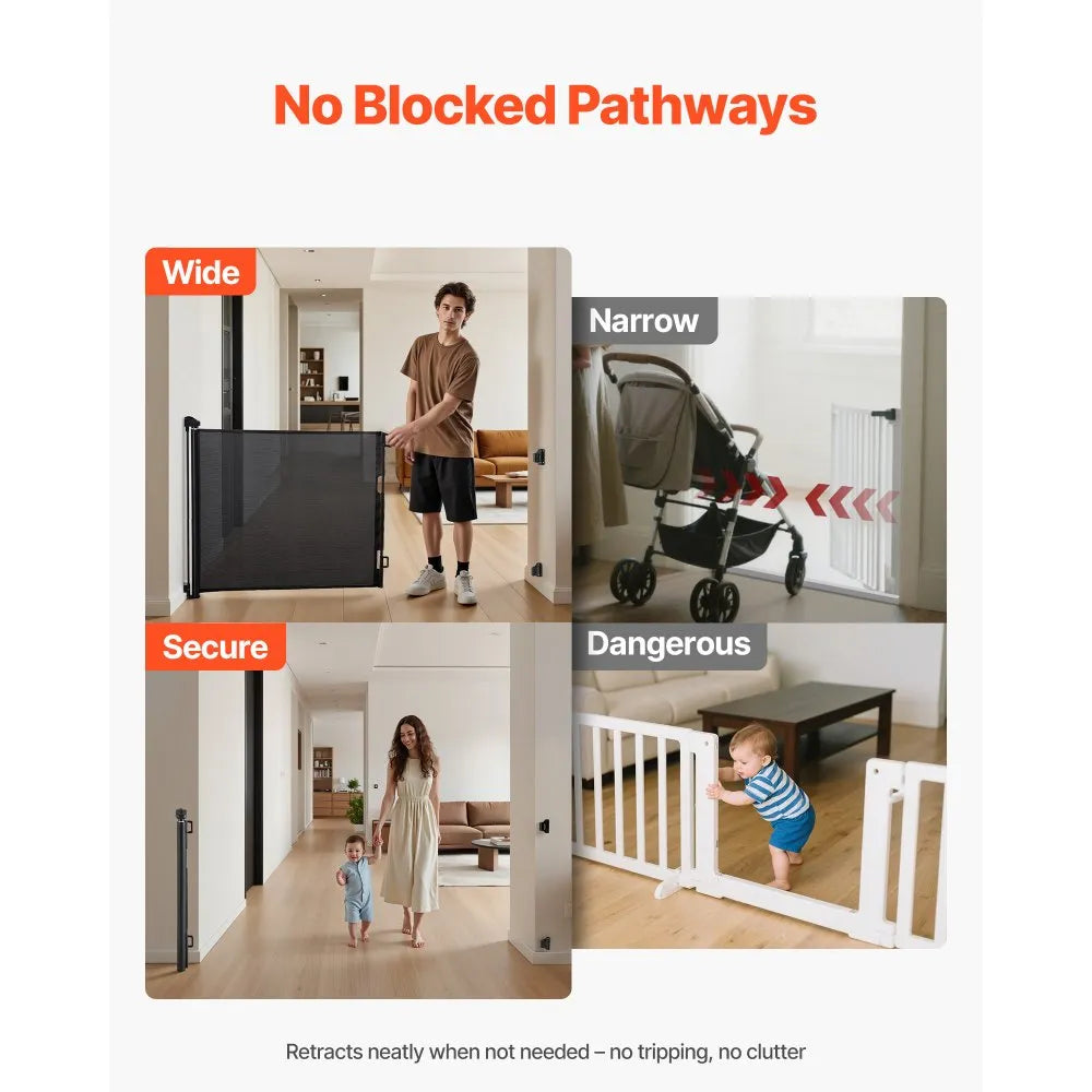 VEVOR Retractable Baby Gate, Extends to 72.8 inch Wide, 38.5 inch Tall, with Security Lock, Easy to Use, Walk Through Without Tripping, Mesh Dog Gate for Stairs, Hallways, Indoor/Outdoor, Black