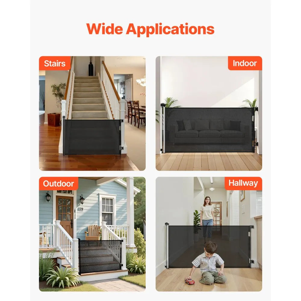 VEVOR Retractable Baby Gate, Extends to 72.8 inch Wide, 38.5 inch Tall, with Security Lock, Easy to Use, Walk Through Without Tripping, Mesh Dog Gate for Stairs, Hallways, Indoor/Outdoor, Black
