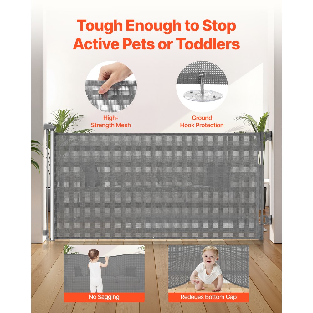 VEVOR Retractable Baby Gate, Extends to 72.8 inch Wide, 31.3 inch Tall, with Security Lock, Easy to Use, Walk Through Without Tripping, Mesh Dog Gate for Stairs, Hallways, Indoor/Outdoor, Gray