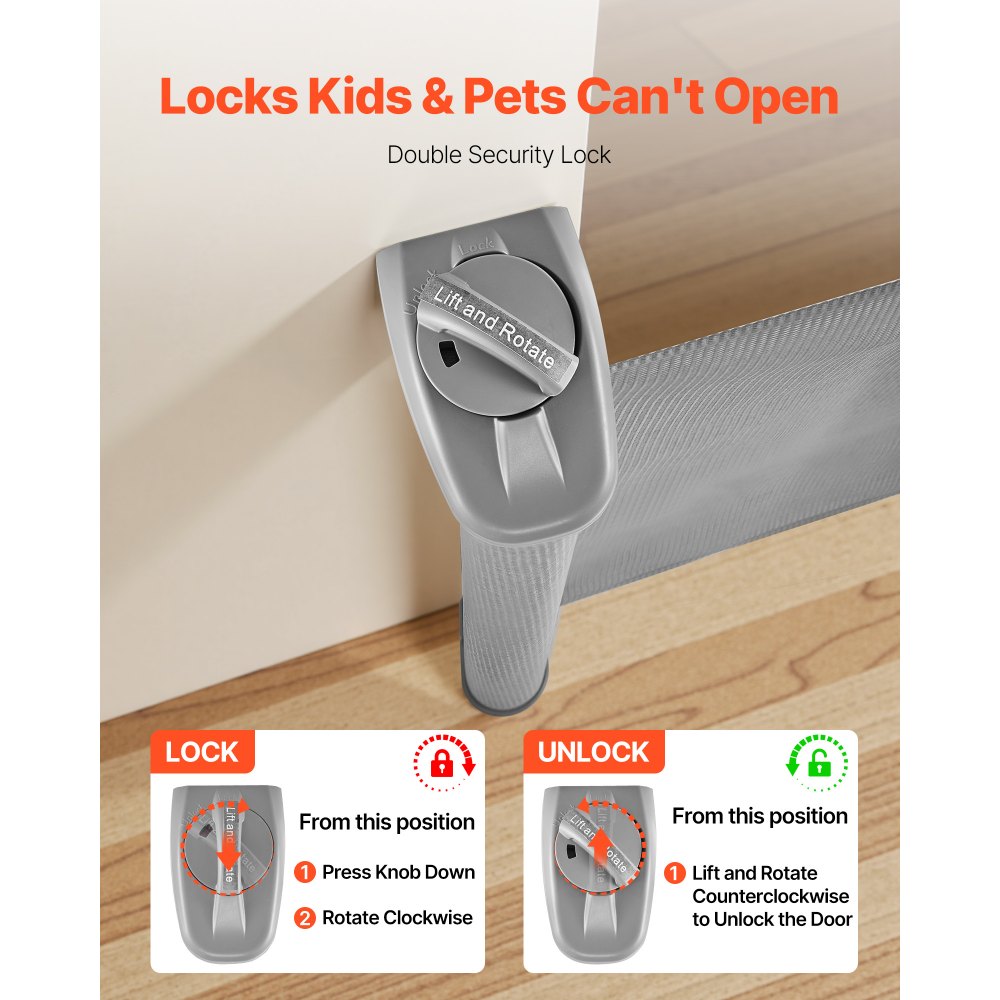 VEVOR Retractable Baby Gate, Extends to 72.8 inch Wide, 31.3 inch Tall, with Security Lock, Easy to Use, Walk Through Without Tripping, Mesh Dog Gate for Stairs, Hallways, Indoor/Outdoor, Gray