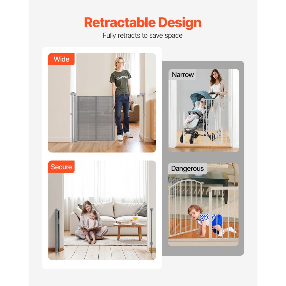 VEVOR Retractable Baby Gate, 34 inch Tall, Extends up to 71 inch Wide, Retractable Gate for Kids or Pets, Mesh Material, Easy to Install for Indoor Stairs, Doorways, Hallways, Playrooms, Gray