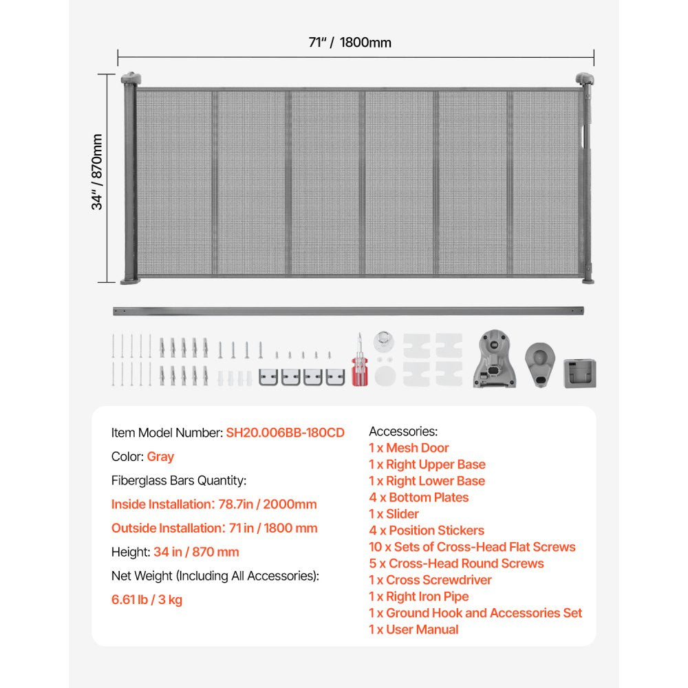VEVOR Retractable Baby Gate, 34 inch Tall, Extends up to 71 inch Wide, Retractable Gate for Kids or Pets, Mesh Material, Easy to Install for Indoor Stairs, Doorways, Hallways, Playrooms, Gray