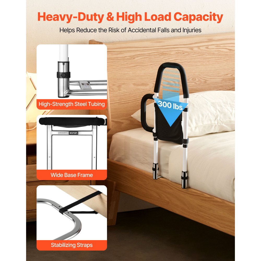 VEVOR Bed Rail for Elderly, Bedside Assist Rails with Side Handle and PU Handrail, Adjustable Height Carbon Steel Pipe Bedside Cane, Bed Bars for Seniors & Patients, Fits King, Queen, Full, Twin