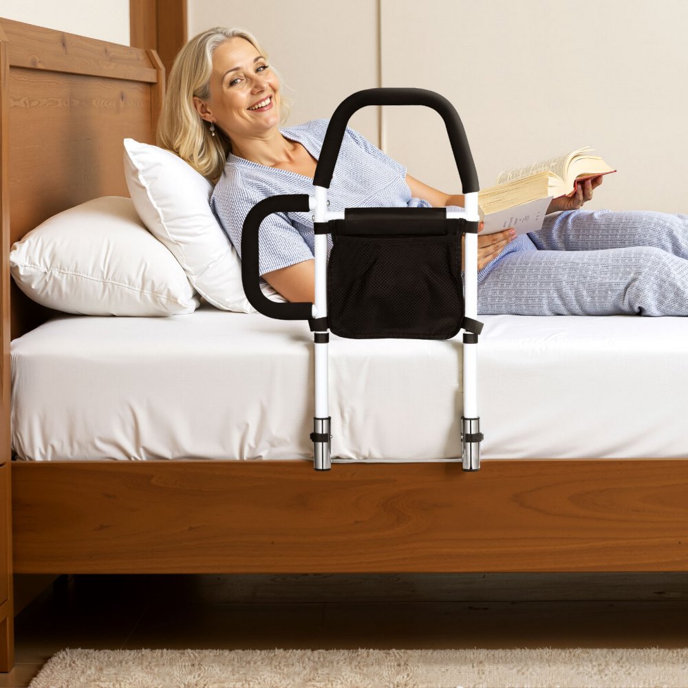 VEVOR Bed Rail for Elderly, Bedside Assist Rails with Side Handle and PU Handrail, Adjustable Height Carbon Steel Pipe Bedside Cane, Bed Bars for Seniors & Patients, Fits King, Queen, Full, Twin