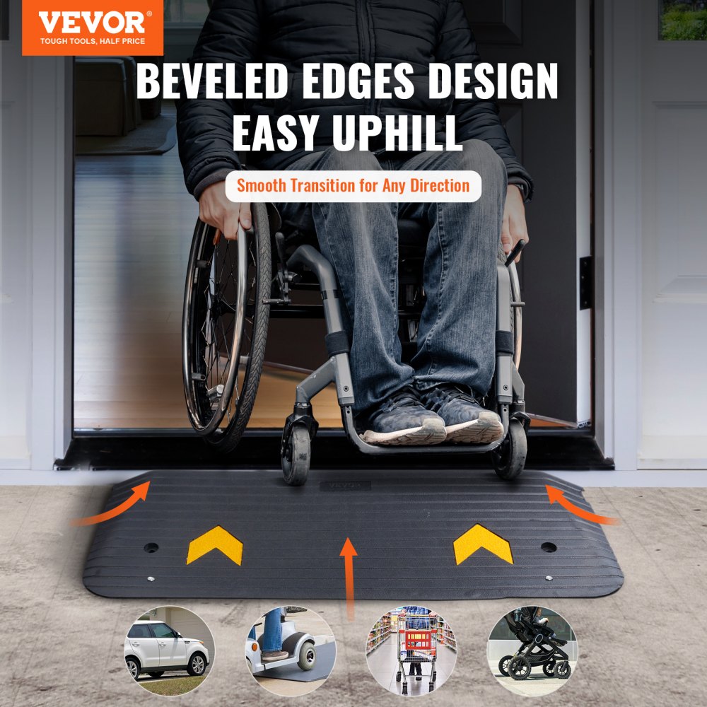 VEVOR Rubber Threshold Ramp, 2" Rise Threshold Ramp Doorway, Recycled Rubber Power Threshold Ramp Rated 33069 lbs Load Capacity, Non-Slip Surface Rubber Solid Threshold Ramp for Wheelchair and Scooter