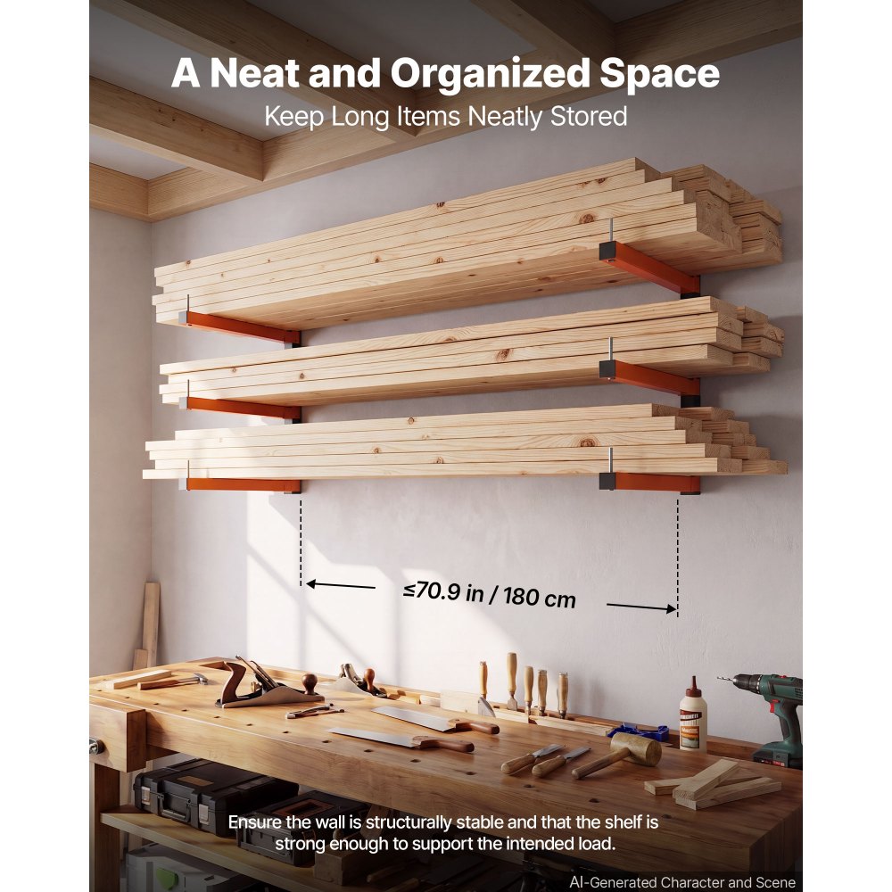 VEVOR Lumber Rack, 3-Tier 2-Pack 110 lbs per Tier, Foldable Wood Storage, Wall-mounted for Garages, Workshops, Warehouse, Basement, Heavy-Duty Cantilever Arms, Locking Pins, Steel, Orange & Black