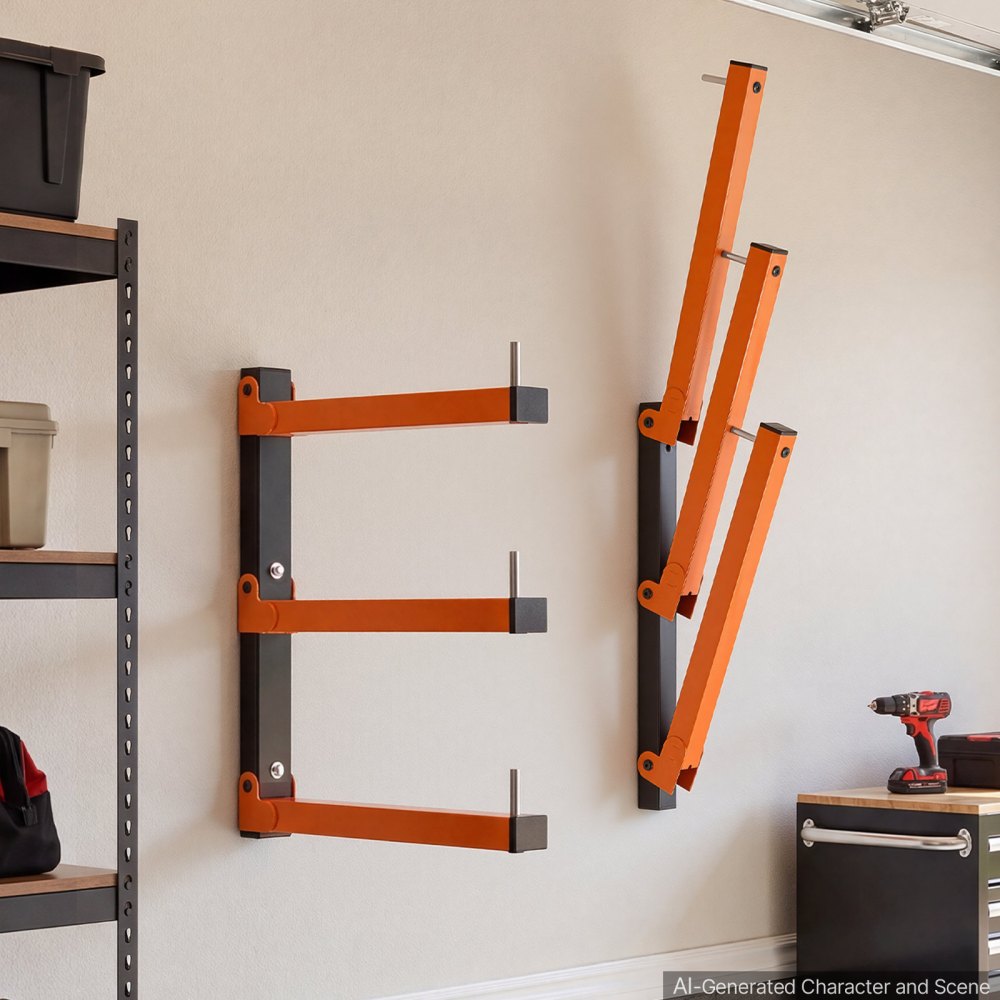 VEVOR Lumber Rack, 3-Tier 2-Pack 110 lbs per Tier, Foldable Wood Storage, Wall-mounted for Garages, Workshops, Warehouse, Basement, Heavy-Duty Cantilever Arms, Locking Pins, Steel, Orange & Black