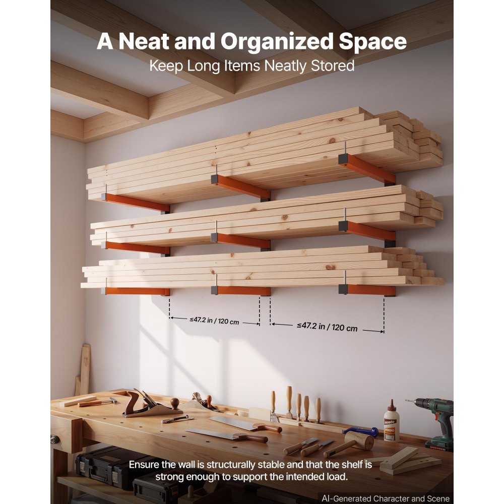 VEVOR Lumber Rack, 3-Tier 3-Pack 110 lbs per Tier, Foldable Wood Storage, Wall-mounted for Garages, Workshops, Warehouse, Basement, Heavy-Duty Cantilever Arms, Locking Pins, Steel, Orange & Black