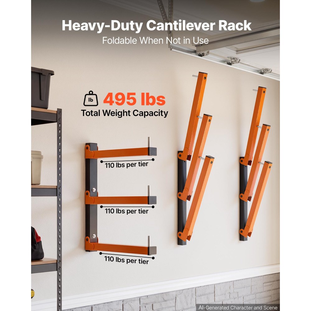 VEVOR Lumber Rack, 3-Tier 3-Pack 110 lbs per Tier, Foldable Wood Storage, Wall-mounted for Garages, Workshops, Warehouse, Basement, Heavy-Duty Cantilever Arms, Locking Pins, Steel, Orange & Black