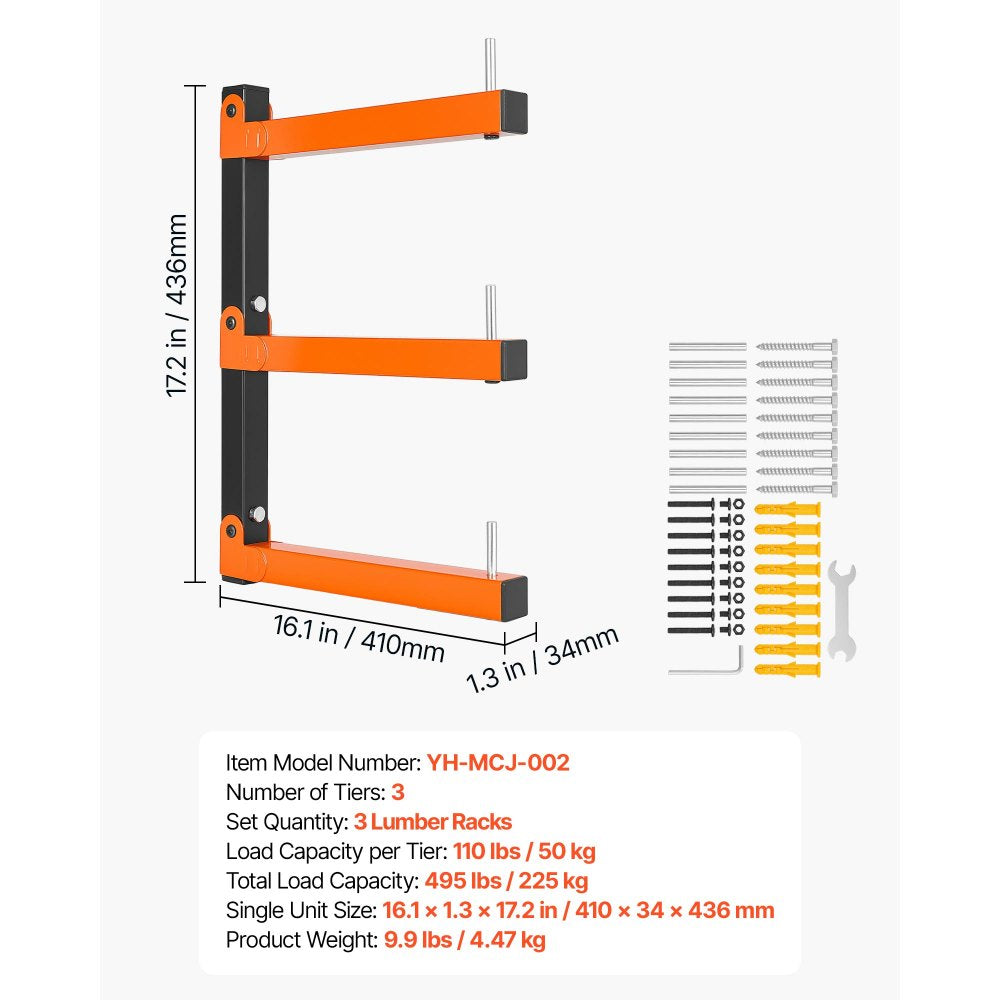 VEVOR Lumber Rack, 3-Tier 3-Pack 110 lbs per Tier, Foldable Wood Storage, Wall-mounted for Garages, Workshops, Warehouse, Basement, Heavy-Duty Cantilever Arms, Locking Pins, Steel, Orange & Black