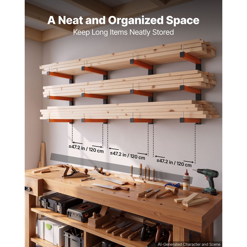 VEVOR Lumber Rack, 3-Tier 4-Pack 110 lbs per Tier, Foldable Wood Storage, Wall-mounted for Garages, Workshops, Warehouse, Basement, Heavy-Duty Cantilever Arms, Locking Pins, Steel, Orange & Black