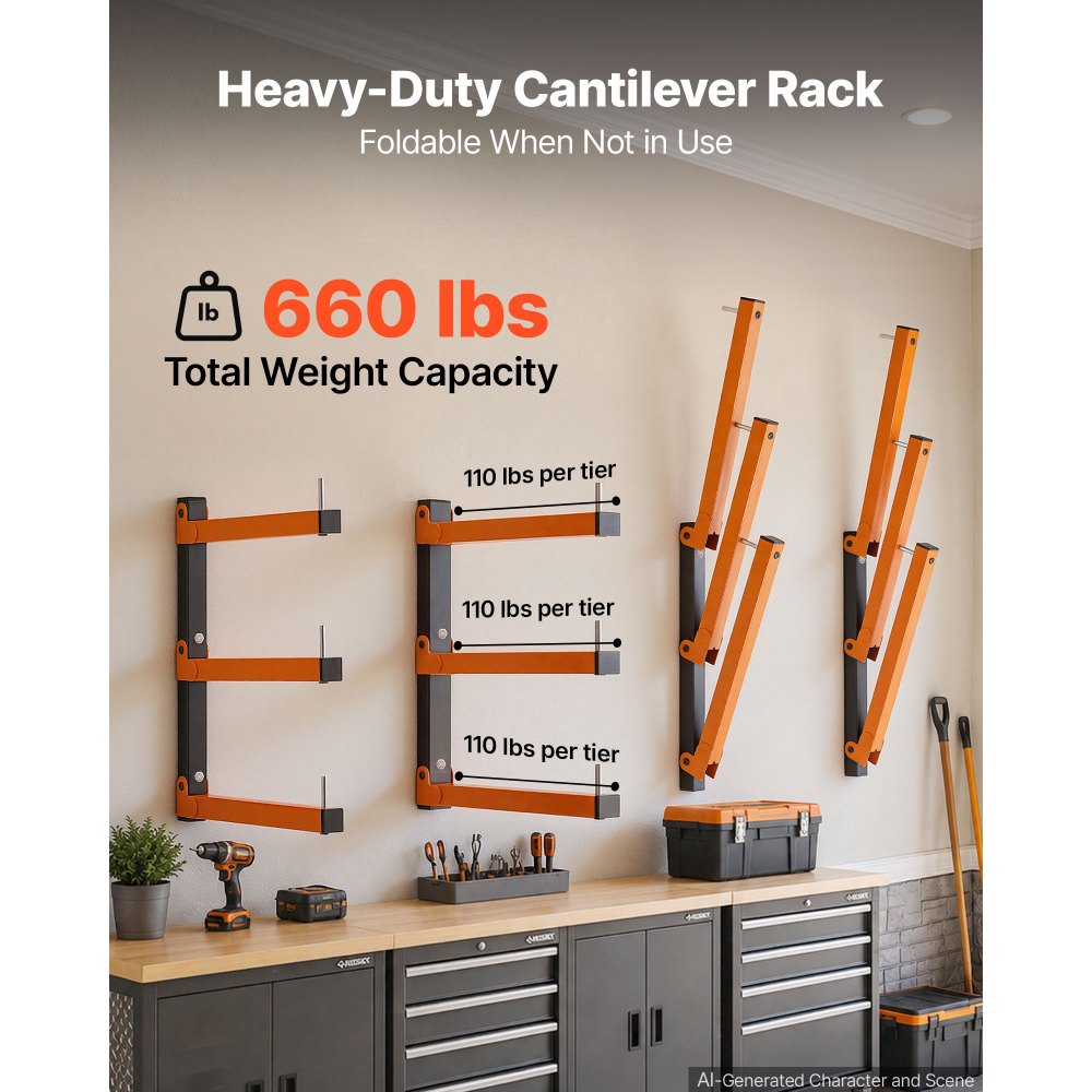 VEVOR Lumber Rack, 3-Tier 4-Pack 110 lbs per Tier, Foldable Wood Storage, Wall-mounted for Garages, Workshops, Warehouse, Basement, Heavy-Duty Cantilever Arms, Locking Pins, Steel, Orange & Black