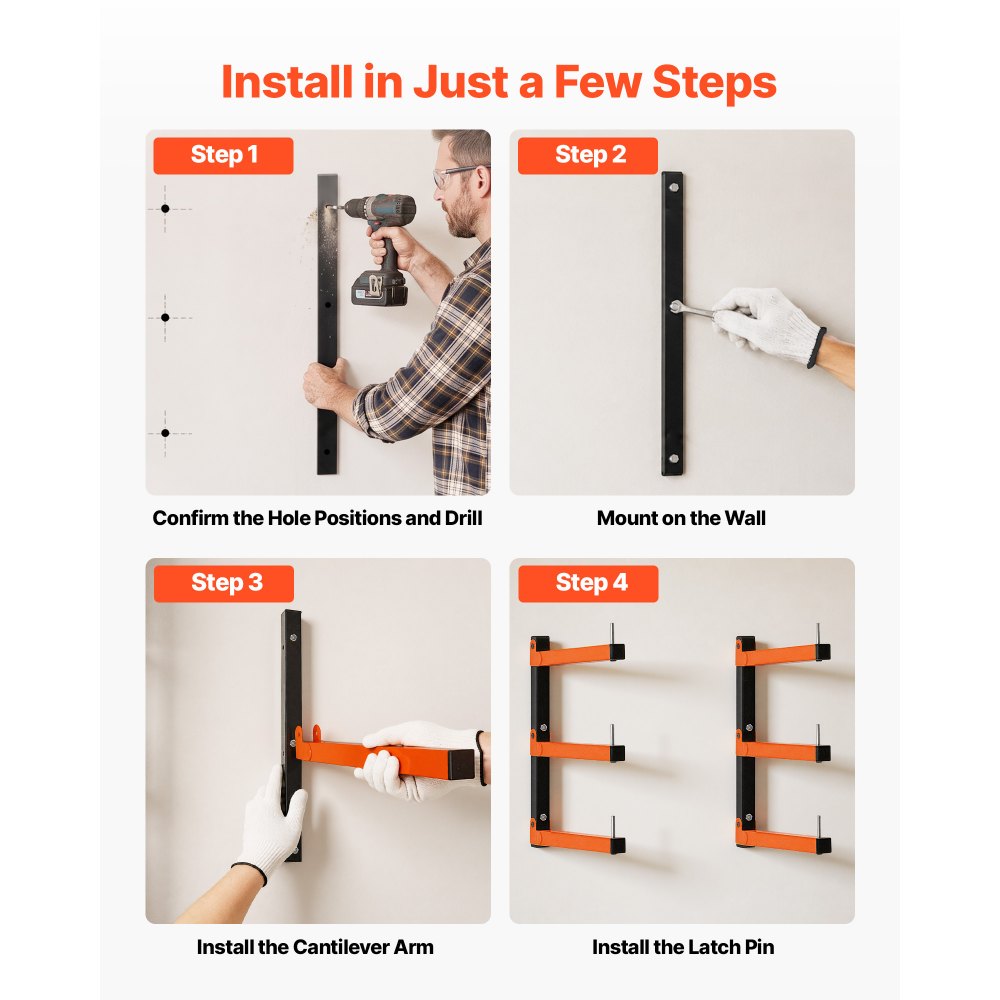 VEVOR Lumber Rack, 3-Tier 4-Pack 110 lbs per Tier, Foldable Wood Storage, Wall-mounted for Garages, Workshops, Warehouse, Basement, Heavy-Duty Cantilever Arms, Locking Pins, Steel, Orange & Black
