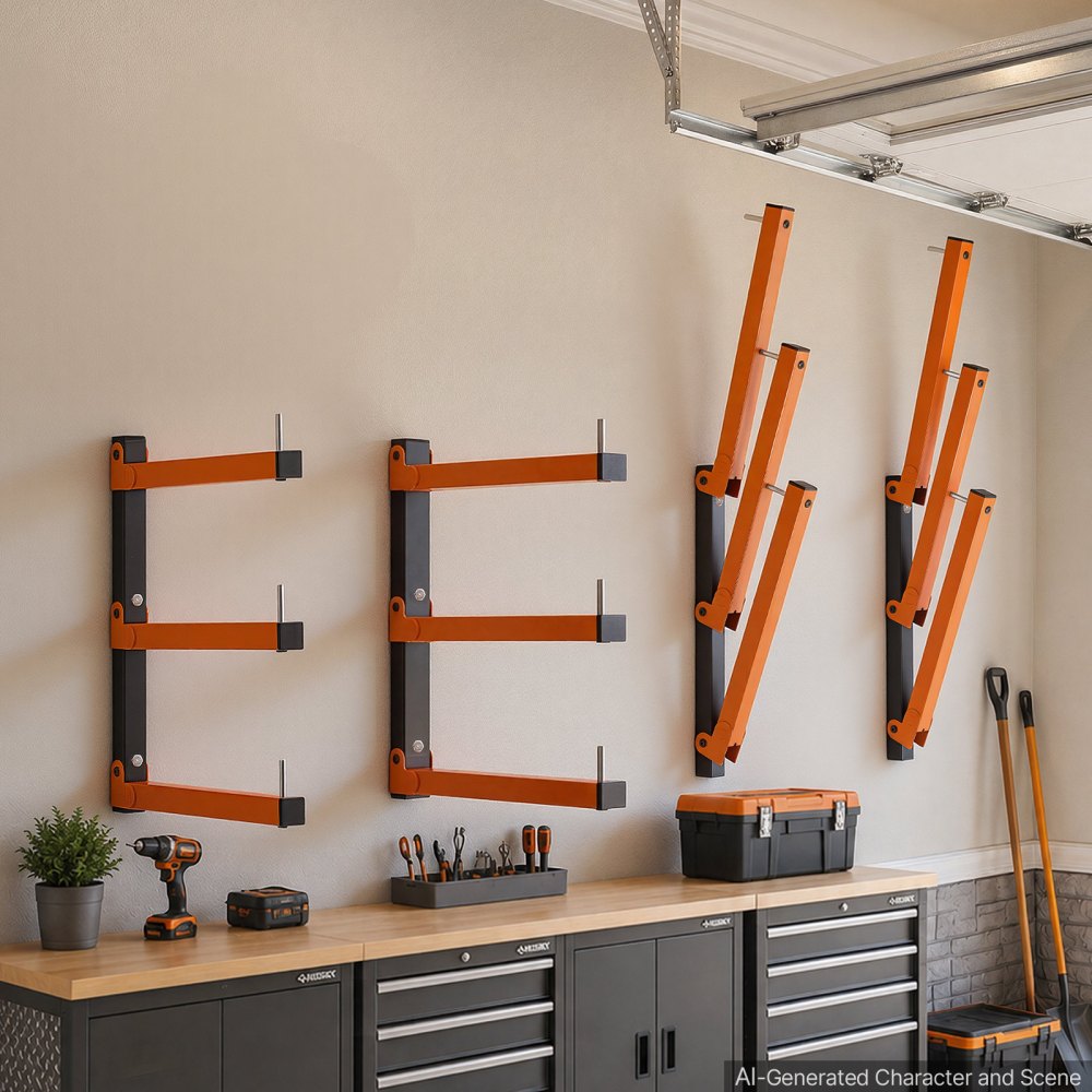 VEVOR Lumber Rack, 3-Tier 4-Pack 110 lbs per Tier, Foldable Wood Storage, Wall-mounted for Garages, Workshops, Warehouse, Basement, Heavy-Duty Cantilever Arms, Locking Pins, Steel, Orange & Black