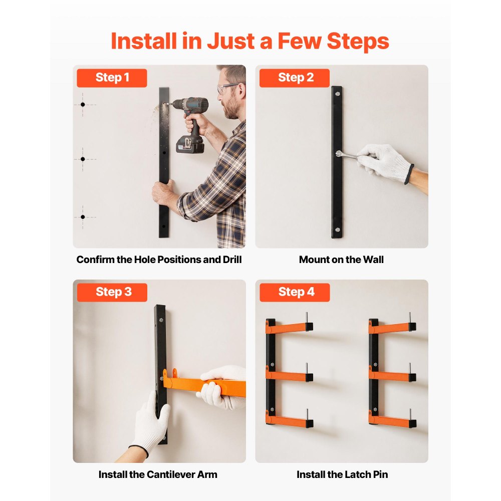 VEVOR Lumber Rack, 3-Tier 6-Pack 110 lbs per Tier, Foldable Wood Storage, Wall-mounted for Garages, Workshops, Warehouse, Basement, Heavy-Duty Cantilever Arms, Locking Pins, Steel, Orange & Black