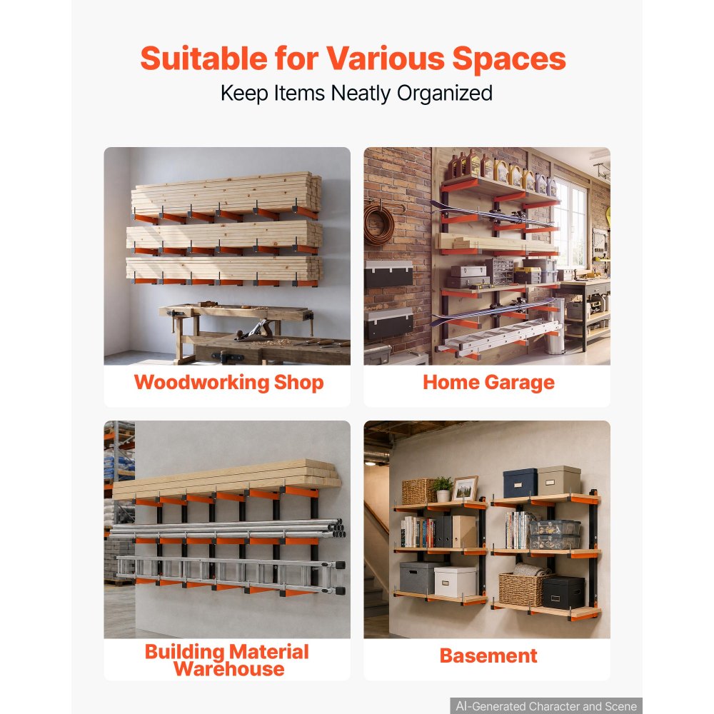 VEVOR Lumber Rack, 3-Tier 6-Pack 110 lbs per Tier, Foldable Wood Storage, Wall-mounted for Garages, Workshops, Warehouse, Basement, Heavy-Duty Cantilever Arms, Locking Pins, Steel, Orange & Black