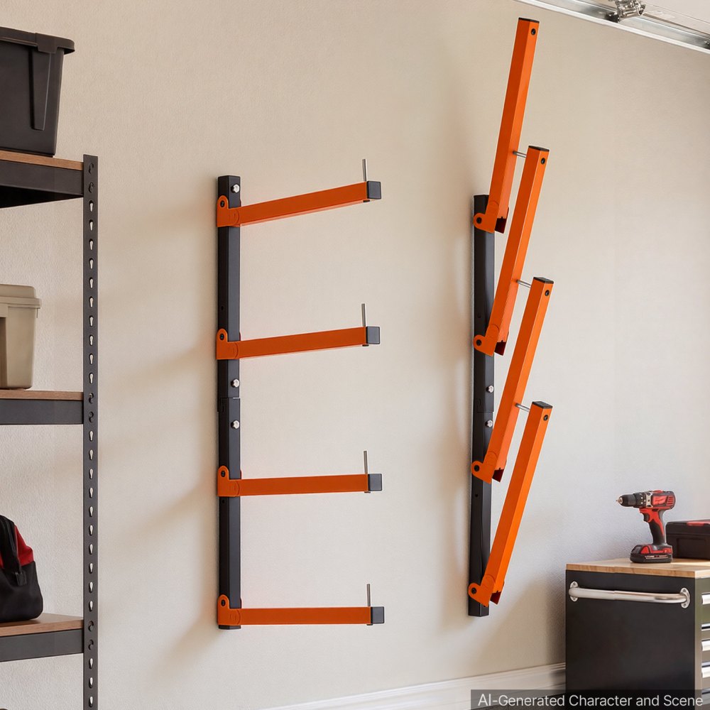 VEVOR Lumber Rack, 4-Tier 2-Pack 110 lbs per Tier, Foldable Wood Storage, Wall-mounted for Garages, Workshops, Warehouse, Heavy-Duty Cantilever Arms, 3-Level Adjustment, Steel, Orange & Black