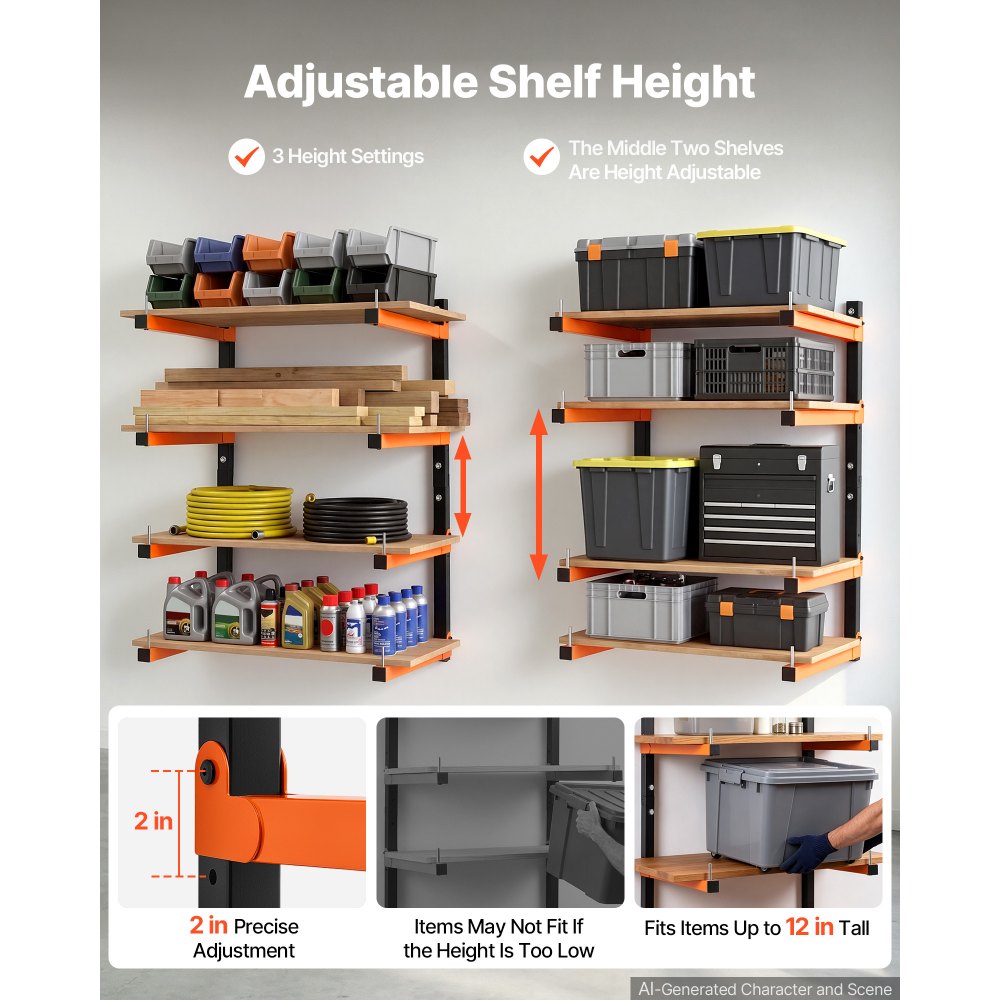 VEVOR Lumber Rack, 4-Tier 4-Pack 110 lbs per Tier, Foldable Wood Storage, Wall-mounted for Garages, Workshops, Warehouse, Heavy-Duty Cantilever Arms, 3-Level Adjustment, Steel, Orange & Black