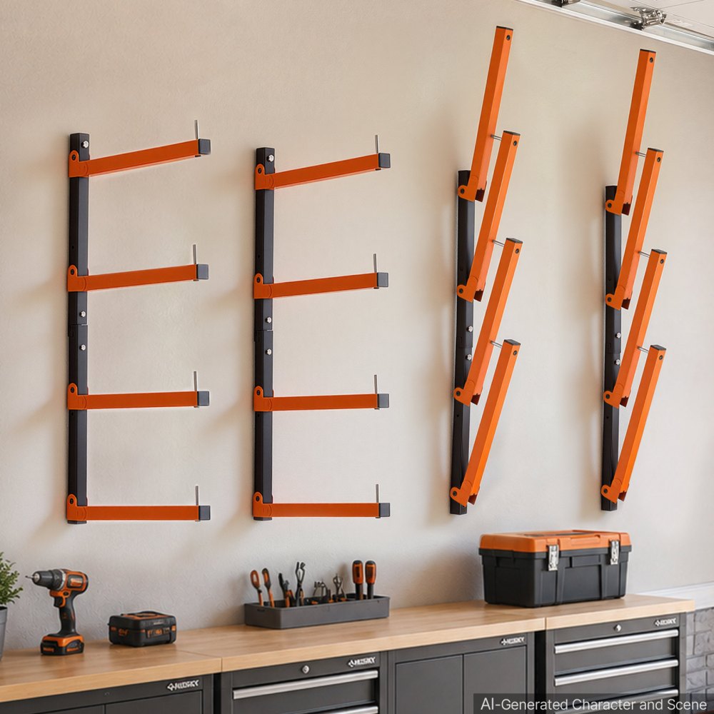 VEVOR Lumber Rack, 4-Tier 4-Pack 110 lbs per Tier, Foldable Wood Storage, Wall-mounted for Garages, Workshops, Warehouse, Heavy-Duty Cantilever Arms, 3-Level Adjustment, Steel, Orange & Black