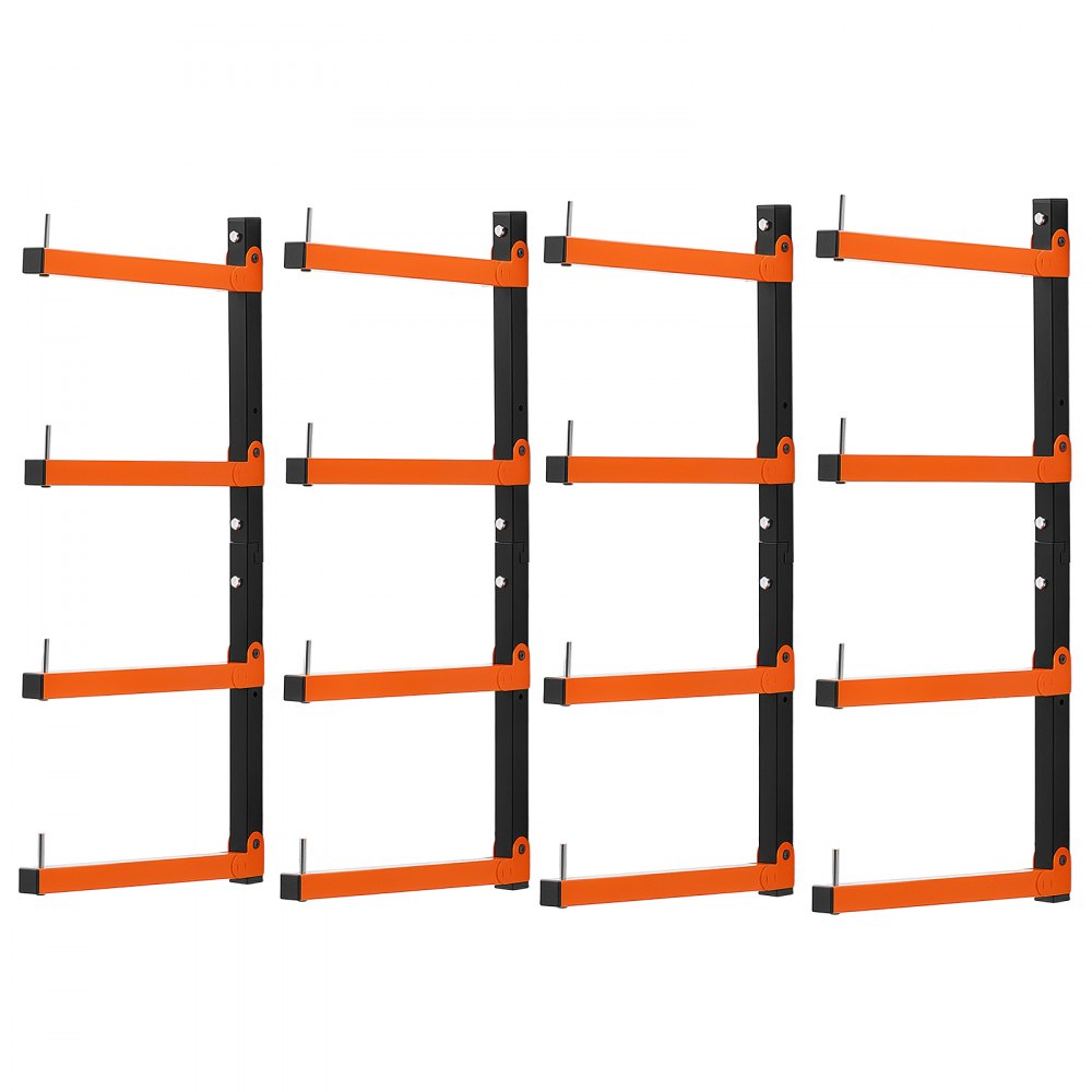 VEVOR Lumber Rack, 4-Tier 4-Pack 110 lbs per Tier, Foldable Wood Storage, Wall-mounted for Garages, Workshops, Warehouse, Heavy-Duty Cantilever Arms, 3-Level Adjustment, Steel, Orange & Black