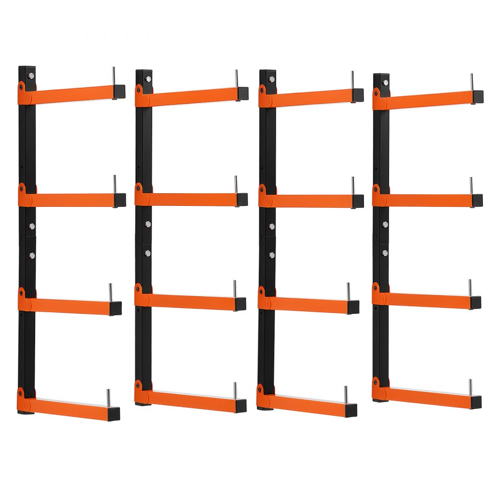 VEVOR Lumber Rack, 4-Tier 4-Pack 110 lbs per Tier, Foldable Wood Storage, Wall-mounted for Garages, Workshops, Warehouse, Heavy-Duty Cantilever Arms, 3-Level Adjustment, Steel, Orange & Black