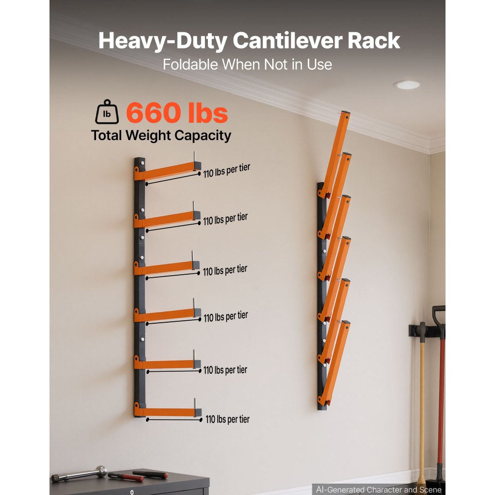 VEVOR Lumber Rack, 6-Tier 2-Pack 110 lbs per Tier, Foldable Wood Storage, Wall-mounted for Garages, Workshops, Warehouse, Basement, Heavy-Duty Cantilever Arms, Locking Pins, Steel, Orange & Black