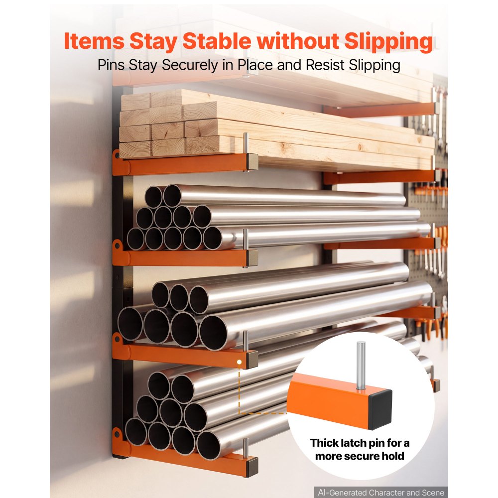 VEVOR Lumber Rack, 6-Tier 2-Pack 110 lbs per Tier, Foldable Wood Storage, Wall-mounted for Garages, Workshops, Warehouse, Basement, Heavy-Duty Cantilever Arms, Locking Pins, Steel, Orange & Black