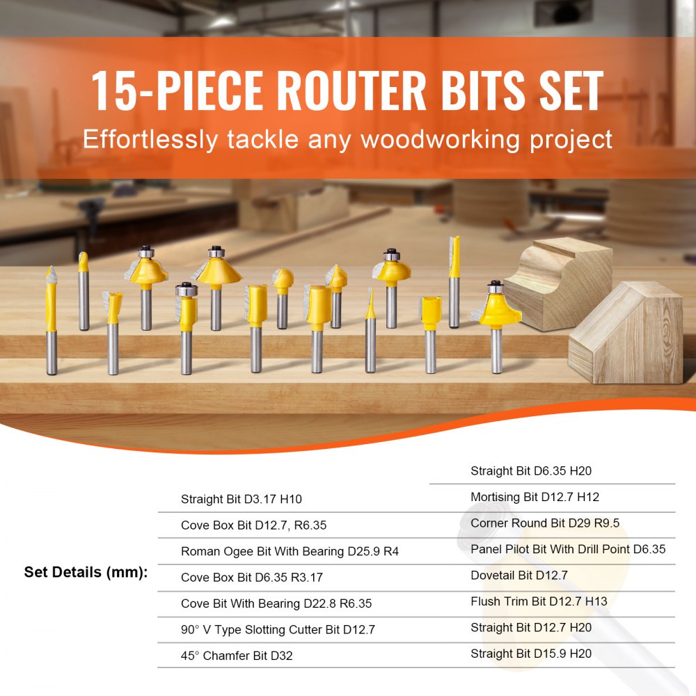 VEVOR Router Bits Set, 15 Pieces, Carbide Router Bit Kit with 1/4 Inch Shank, Plastic Carrying Case, Woodworking Tools for Professional and Beginners Carpenter, for Wood MDF Particle Board Plywood