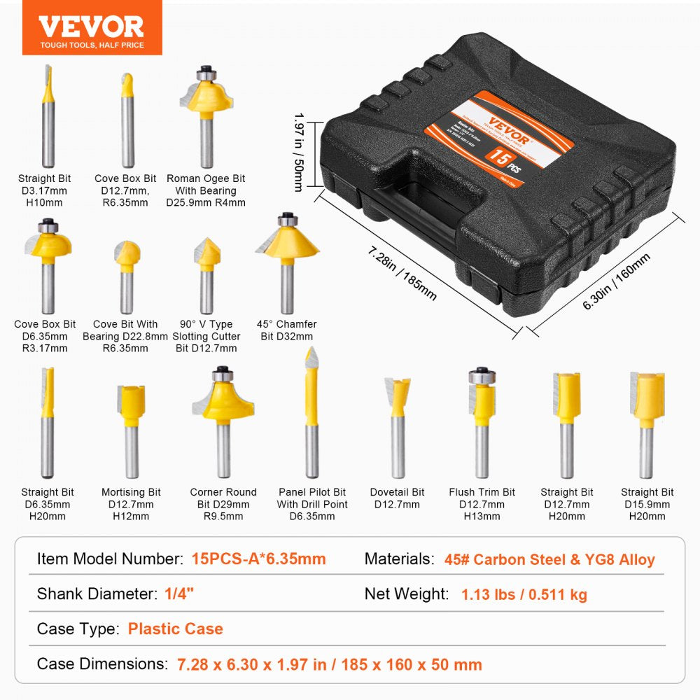 VEVOR Router Bits Set, 15 Pieces, Carbide Router Bit Kit with 1/4 Inch Shank, Plastic Carrying Case, Woodworking Tools for Professional and Beginners Carpenter, for Wood MDF Particle Board Plywood