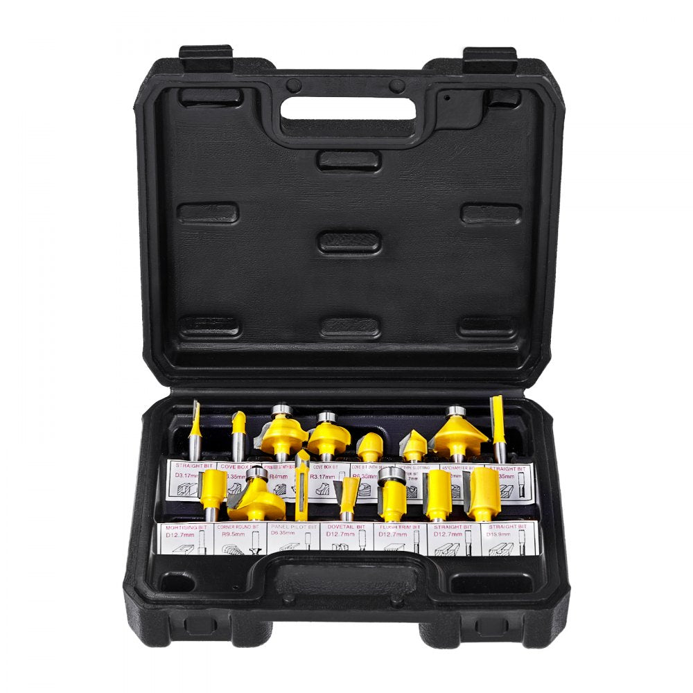 VEVOR Router Bits Set, 15 Pieces, Carbide Router Bit Kit with 1/4 Inch Shank, Plastic Carrying Case, Woodworking Tools for Professional and Beginners Carpenter, for Wood MDF Particle Board Plywood