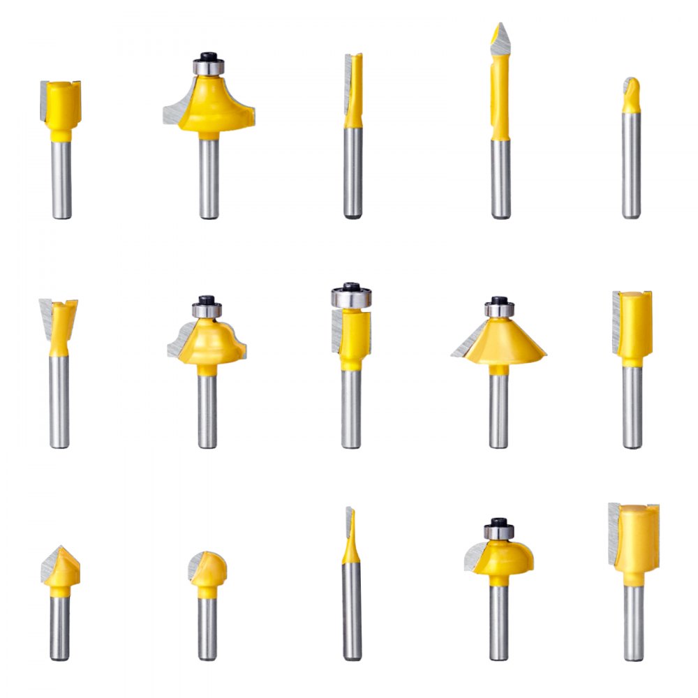 VEVOR Router Bits Set, 15 Pieces, Carbide Router Bit Kit with 1/4 Inch Shank, Plastic Carrying Case, Woodworking Tools for Professional and Beginners Carpenter, for Wood MDF Particle Board Plywood