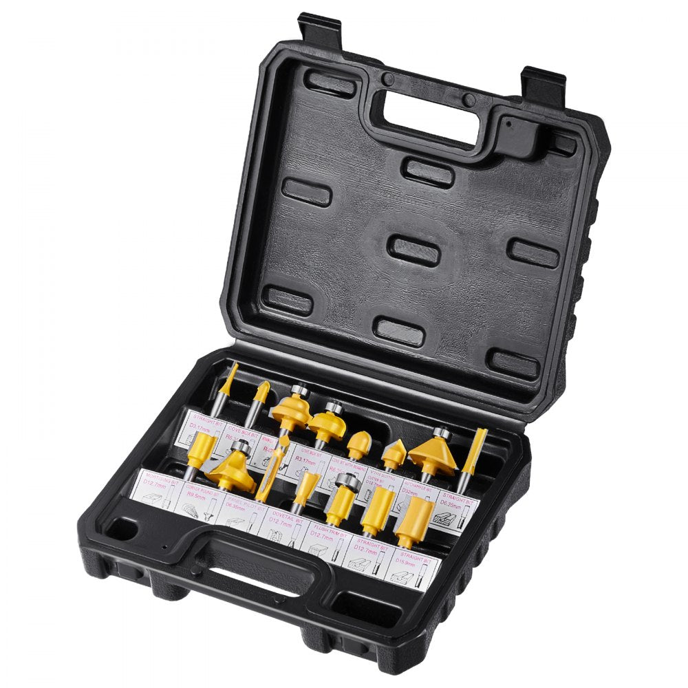 VEVOR Router Bits Set, 15 Pieces, Carbide Router Bit Kit with 1/4 Inch Shank, Plastic Carrying Case, Woodworking Tools for Professional and Beginners Carpenter, for Wood MDF Particle Board Plywood