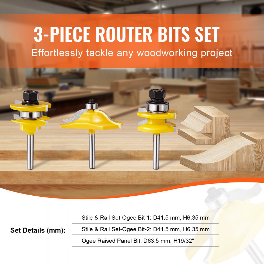 VEVOR Router Bits Set, 3 Pieces, Carbide Router Bit Kit with 1/4 Inch Shank, Wood Carrying Case, Woodworking Tools for Professional and Beginners Carpenter, for Wood MDF Particle Board Plywood
